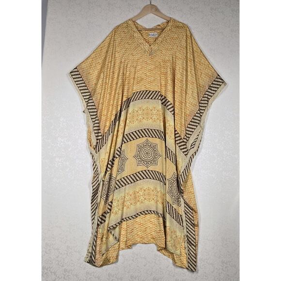 Kantha Bae Mumu Caftan Kaftan Dress OS Yellow Orange Boho Hippie Art To Wear - Picture 13 of 13